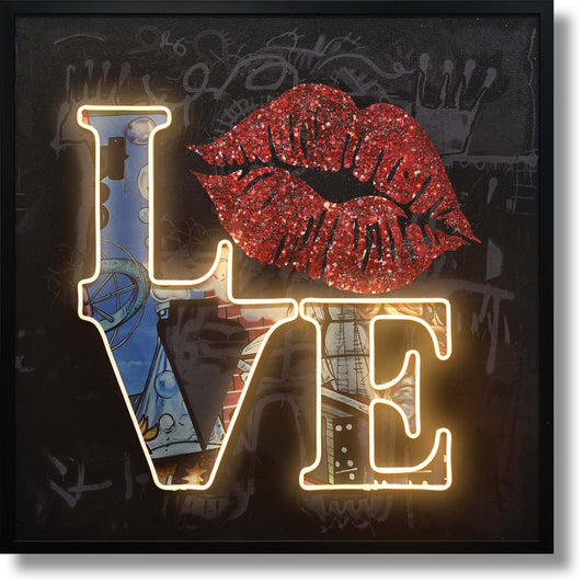 ''Love Neon Art with Red Lips'' Hand-painted LED in Frame