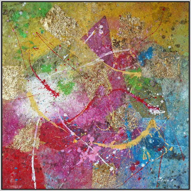 ''Gold Rush Spectrum Abstraction'' Hand-painted Canvas in Frame