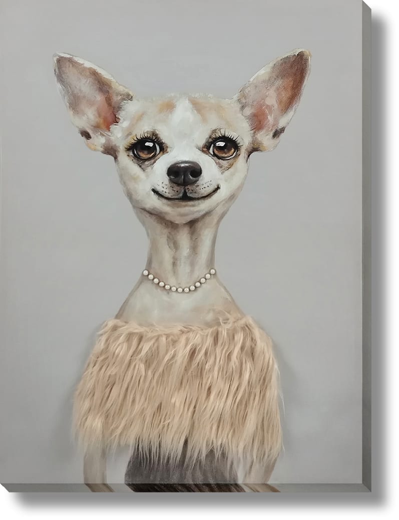 ''Glamorous Pup in Pearls'' Hand-painted Canvas w/ Hair