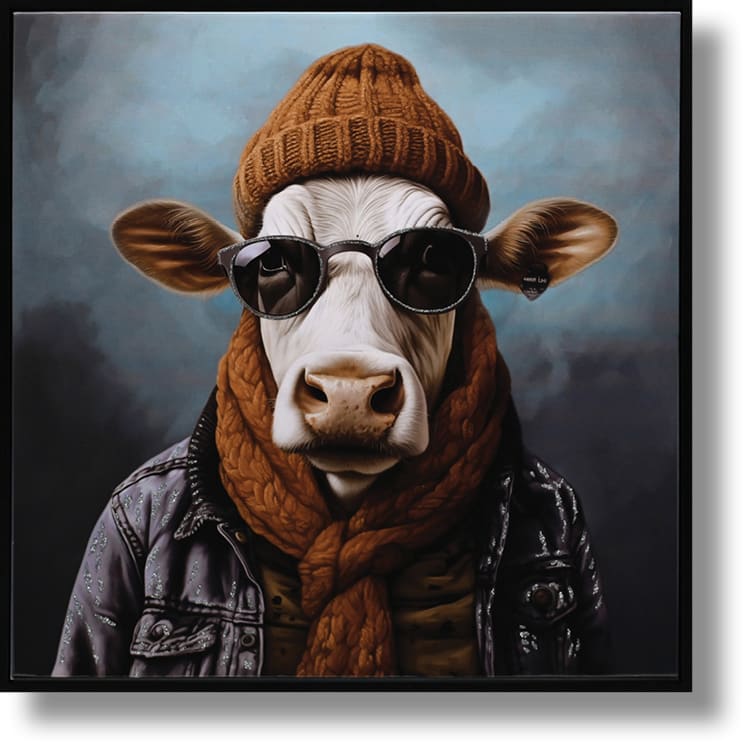 ''Hipster Cool Cow Portrait'' Gloss Canvas in Frame