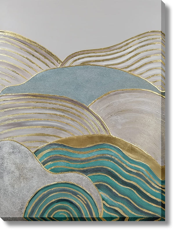 ''Golden Crest Ocean Abstraction'' Hand-painted Wrapped Canvas