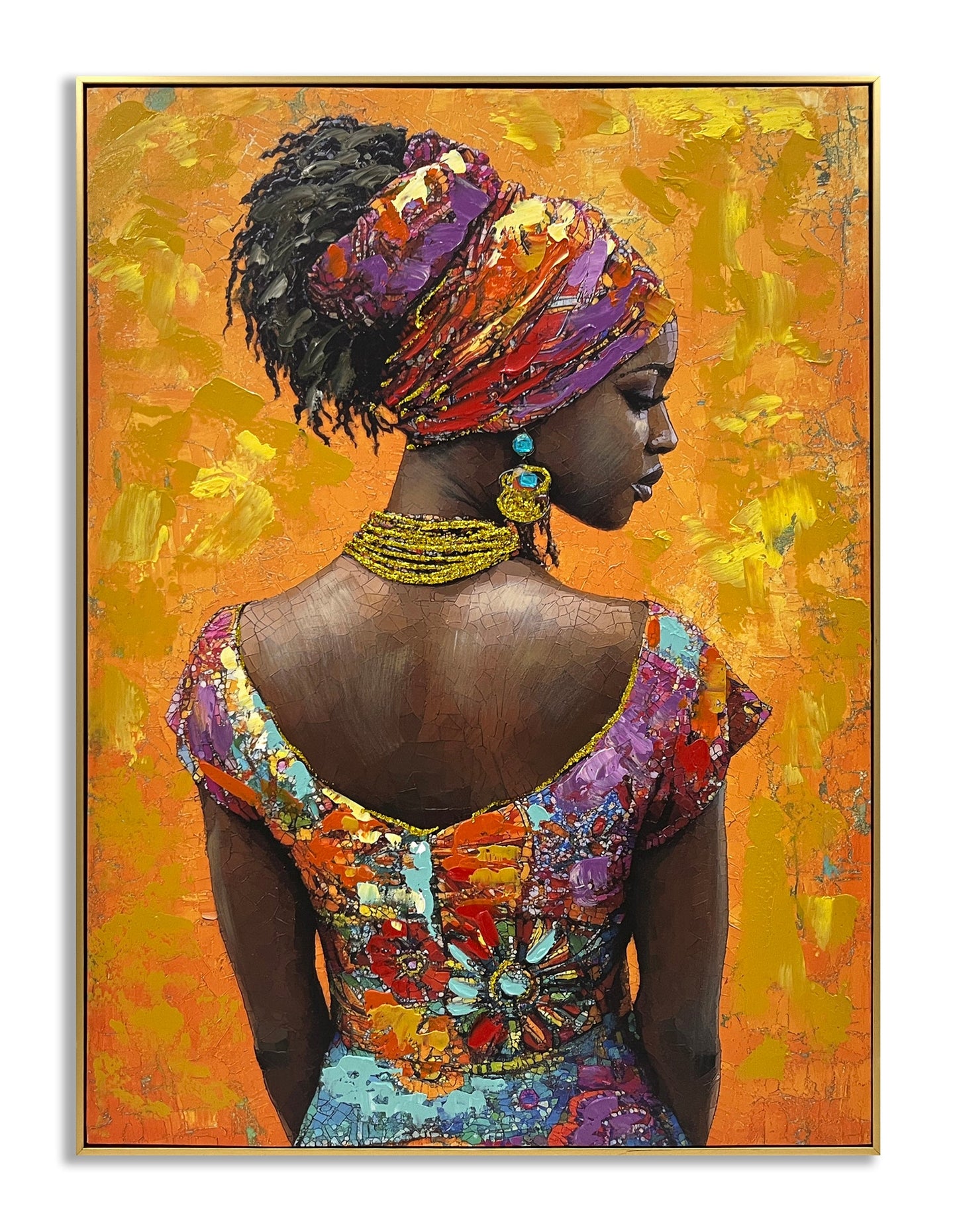 ''African Lady on Orange II'' Hand-painted Canvas in Frame