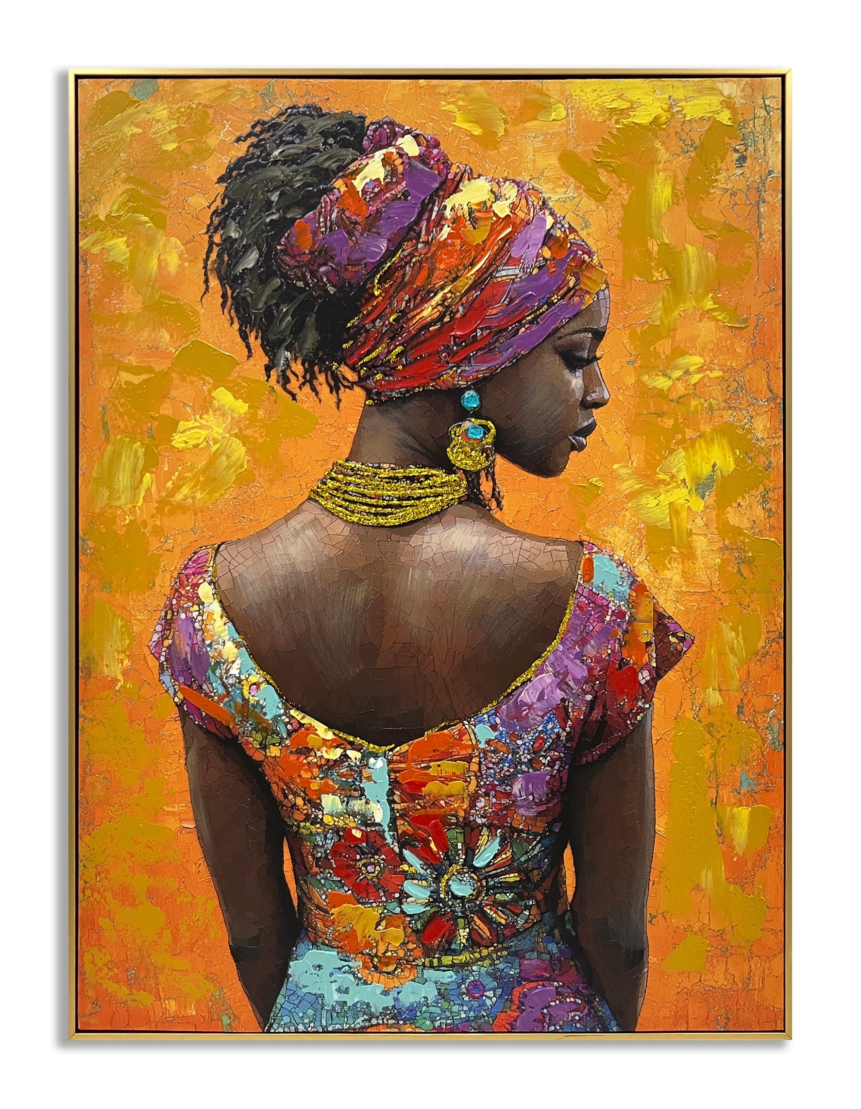 ''African Lady on Orange II'' Hand-painted Canvas in Frame