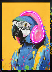 ''Musical Macaw Neon'' Hand-painted LED in Frame