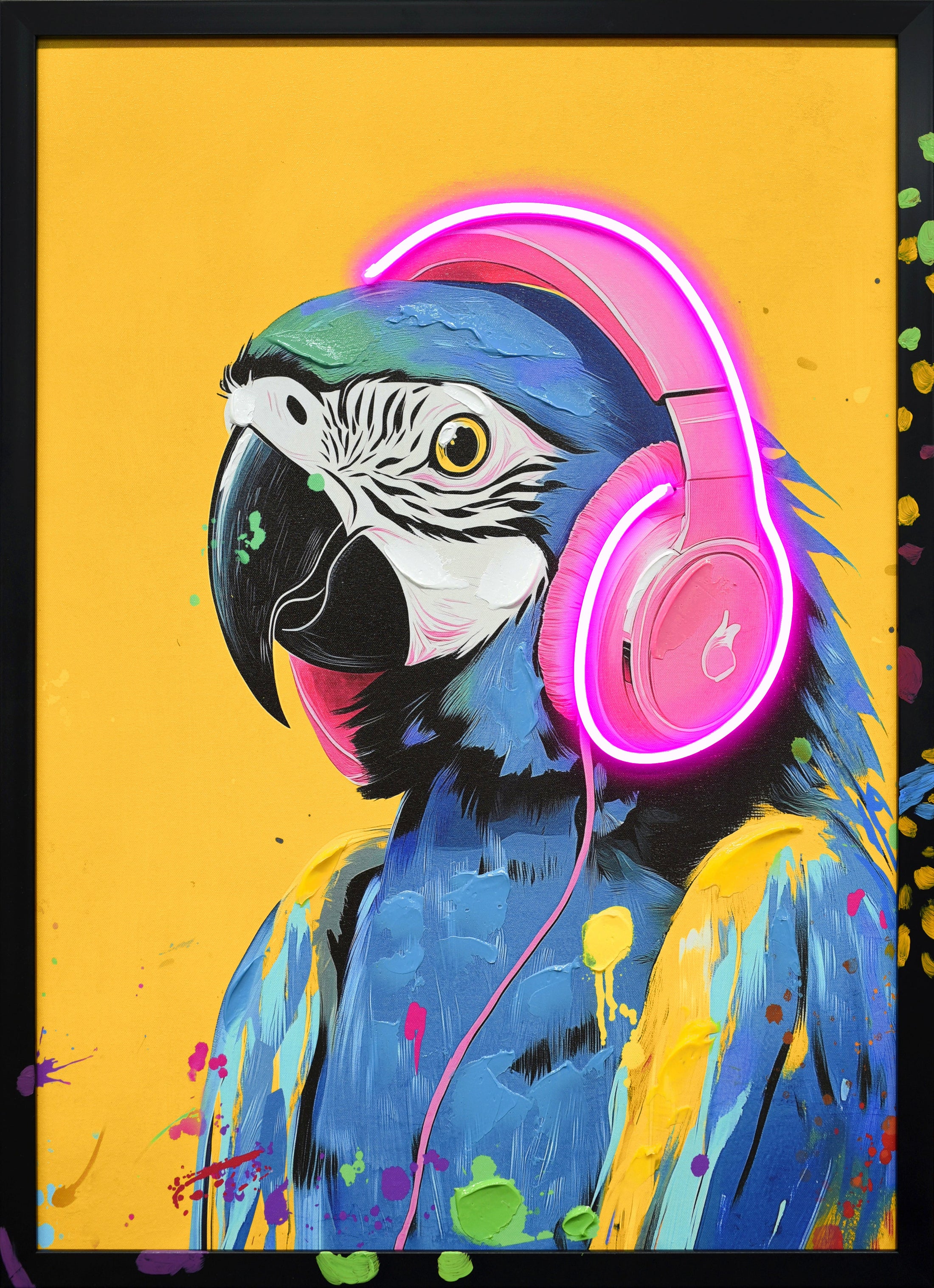 ''Musical Macaw Neon'' Hand-painted LED in Frame