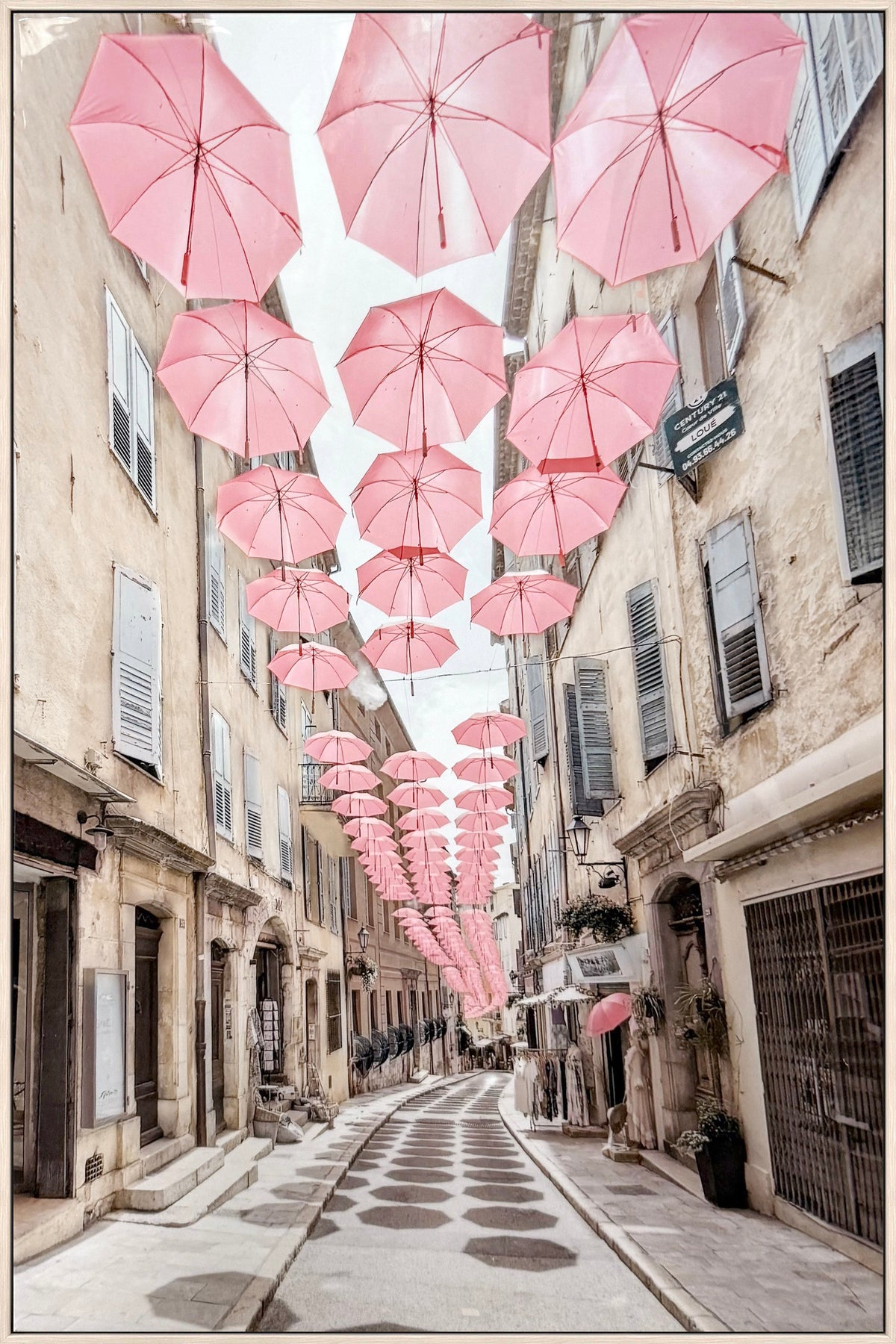 Pink Umbrellas Promenade Gloss Canvas in Frame