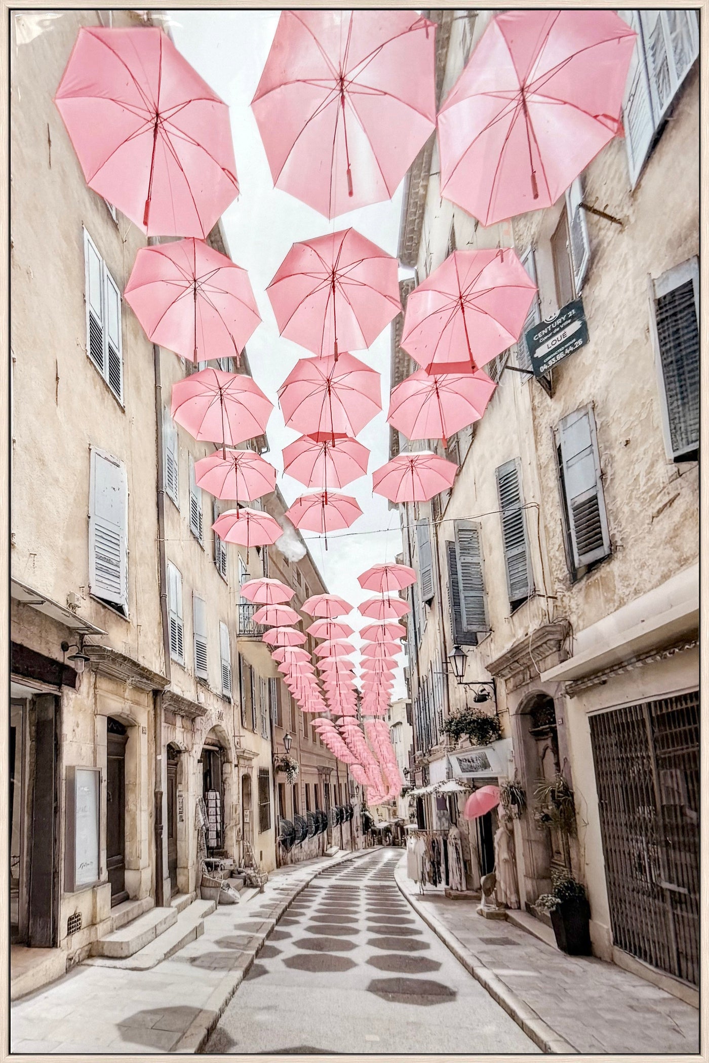 Pink Umbrellas Promenade Gloss Canvas in Frame
