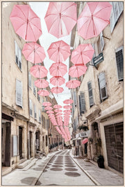 Pink Umbrellas Promenade Gloss Canvas in Frame