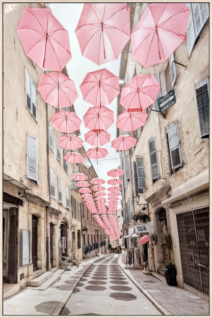 Pink Umbrellas Promenade Gloss Canvas in Frame