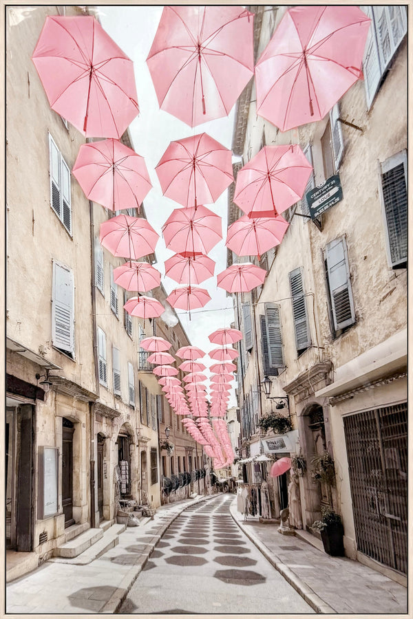 Pink Umbrellas Promenade Gloss Canvas in Frame