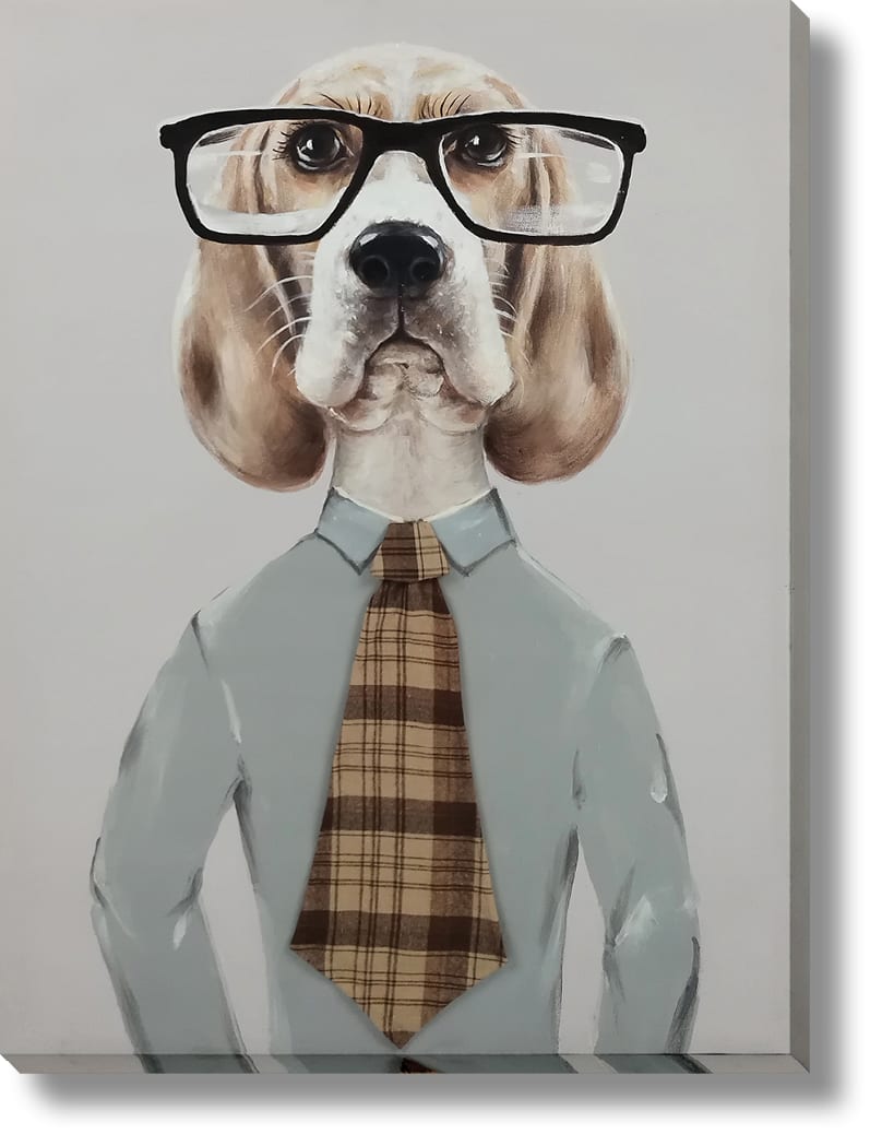''Professor Beagle Chic'' Hand-painted Canvas w/ Fabric