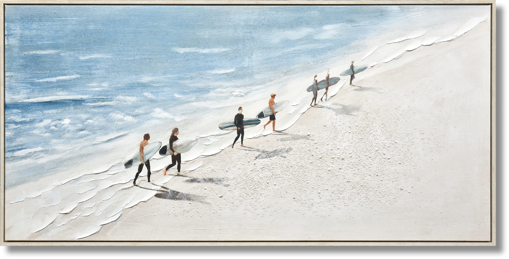 ''Surfer Stroll on Sunlit Shore'' Hand-painted Canvas in Frame