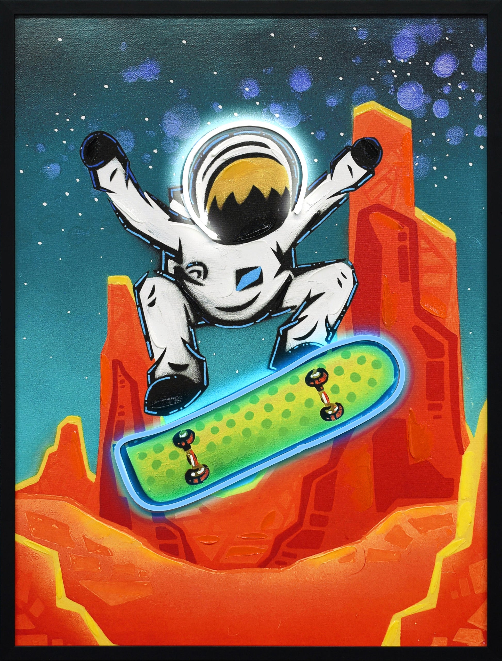 Kuiper Belt Kick-Flip by Joy Hernandez Hand-Embellished LED Canvas in Frame
