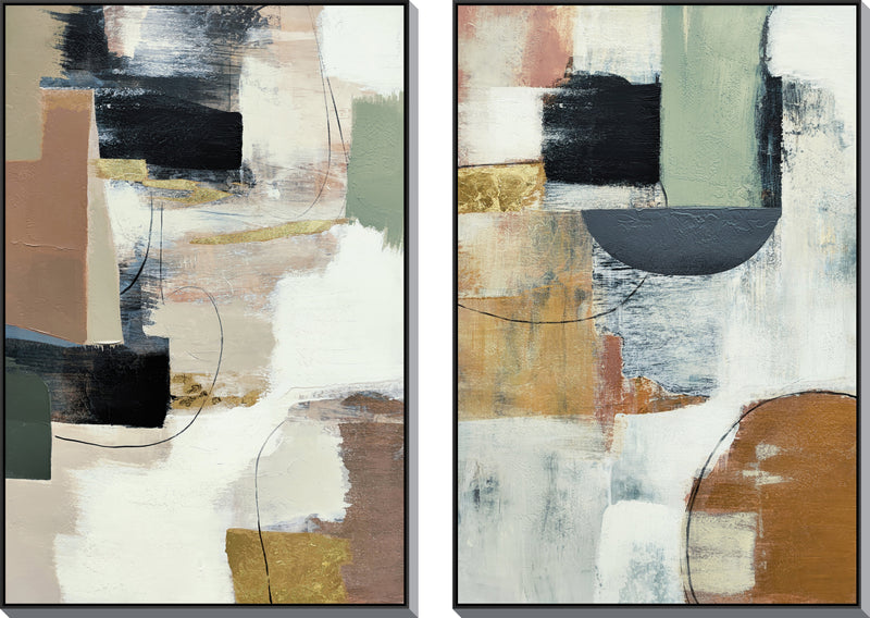 ''Urban Neutralism Diptych'' Hand-painted Canvas in Frame (set)