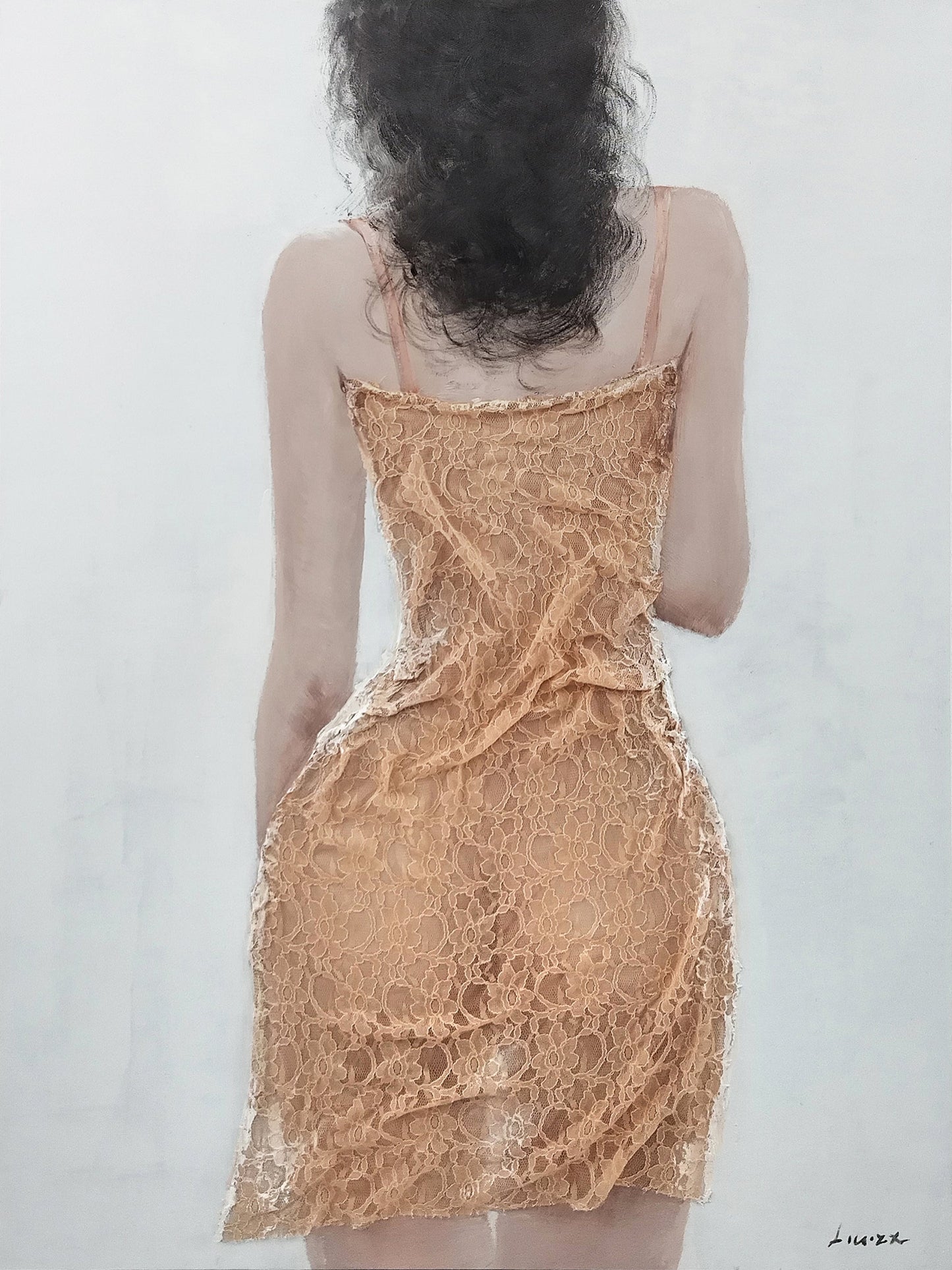 ''Lady in Beige Dress'' Hand-painted Canvas w/ Fabric
