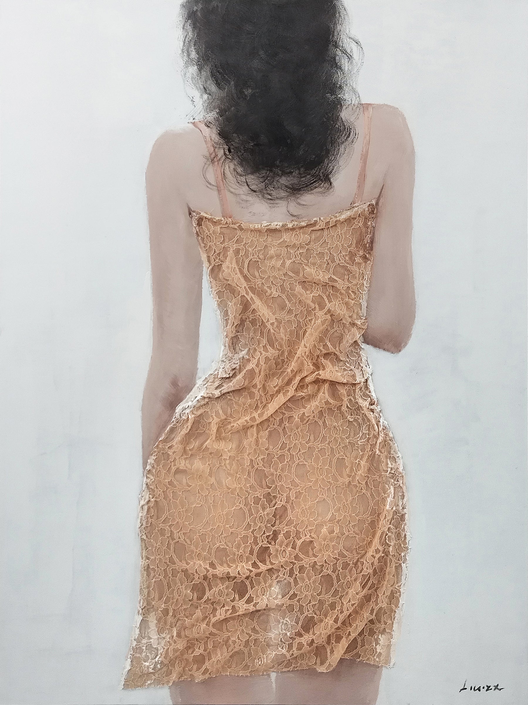 ''Lady in Beige Dress'' Hand-painted Canvas w/ Fabric