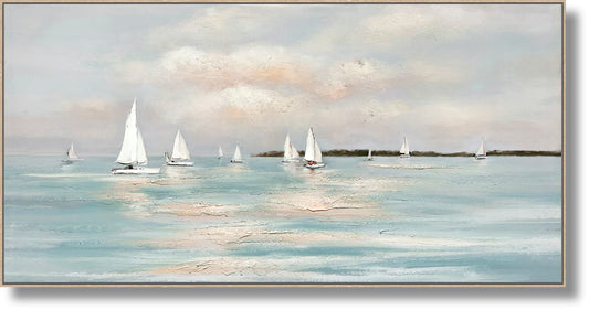 ''Tranquil Regatta Horizon'' Hand-painted Canvas in Frame