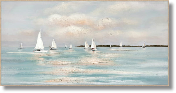 ''Tranquil Regatta Horizon'' Hand-painted Canvas in Frame