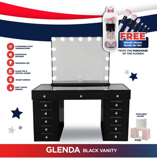 Glenda Black Vanity Smart Mirror Bluetooth + Free Brush Jar Set