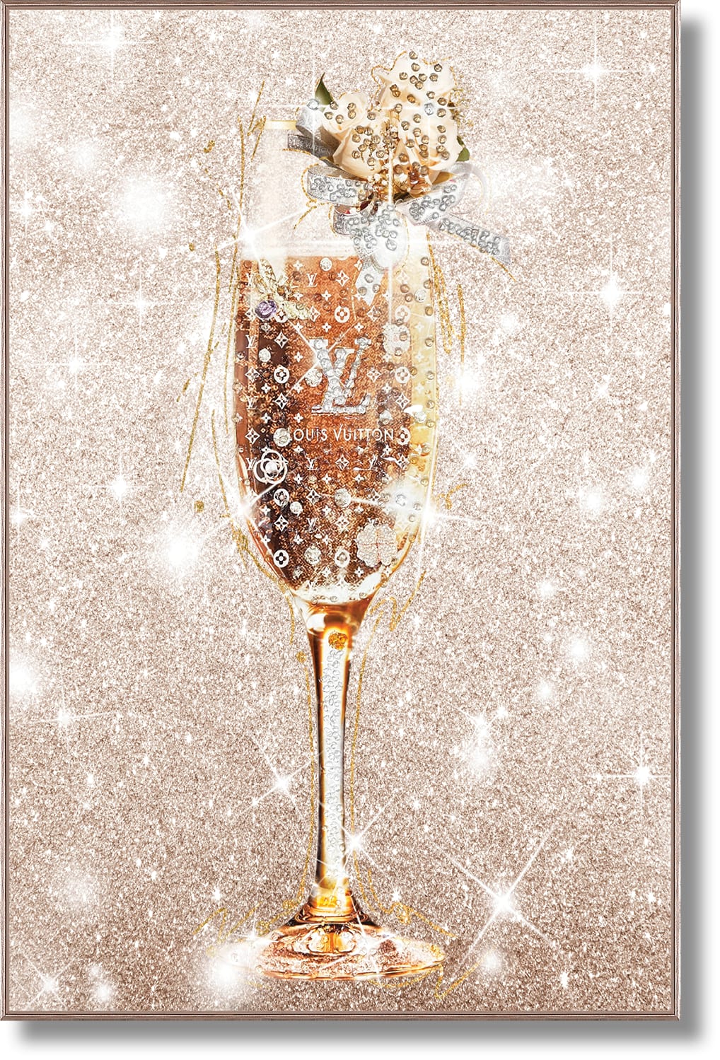 ''Rose Gold Bubbly with Rocks Framed Art'' Gloss w/ Foil & Rocks in Frame