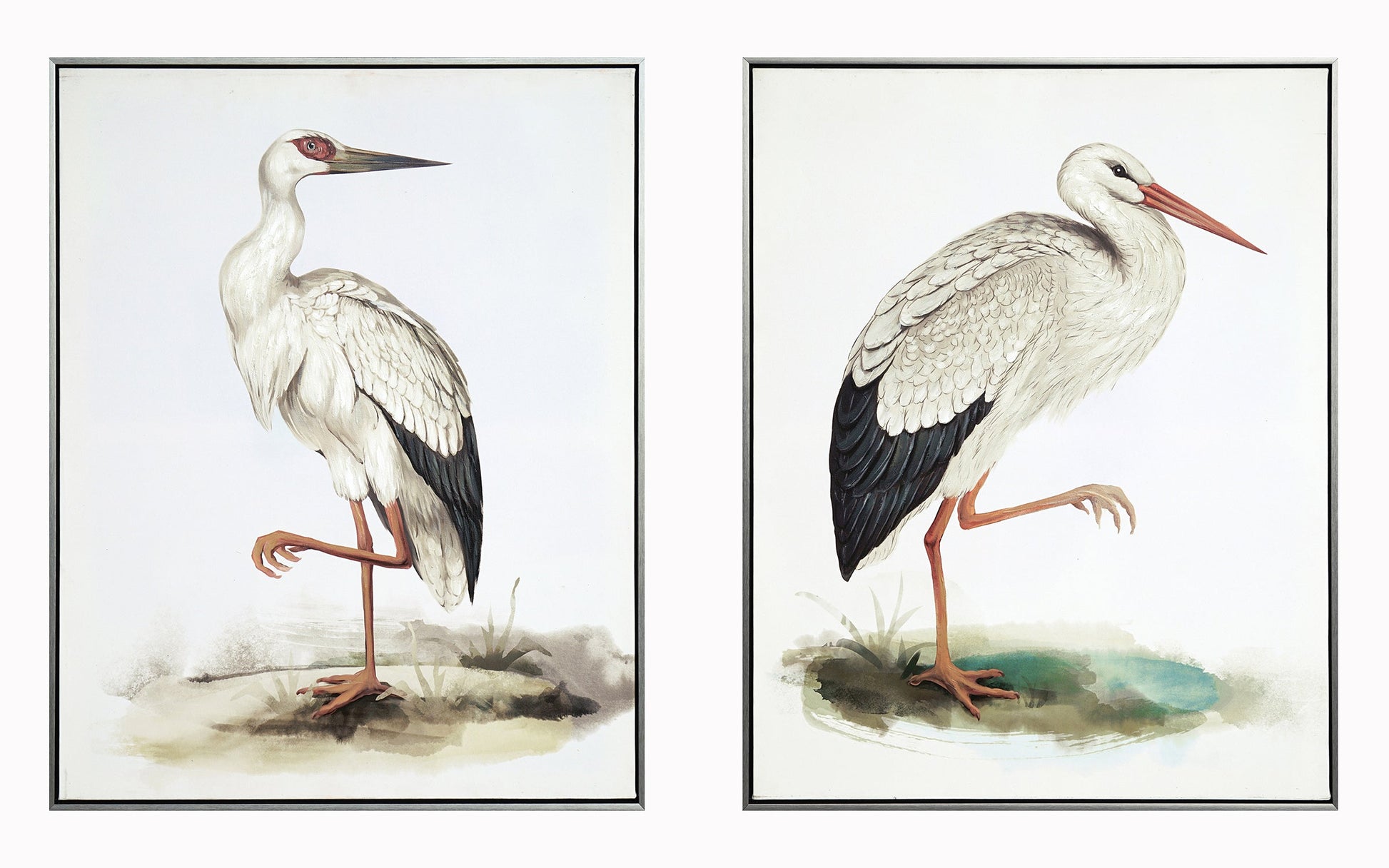 ''Elegant Twin Storks Naturale'' Hand-painted Canvas in Frame (set)