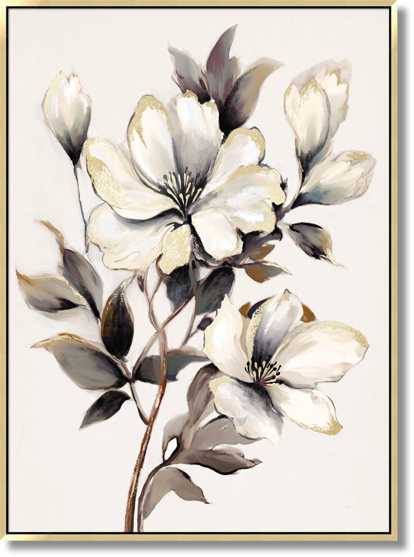 ''Gilded Whisper Floral'' Hand-painted Canvas in Frame