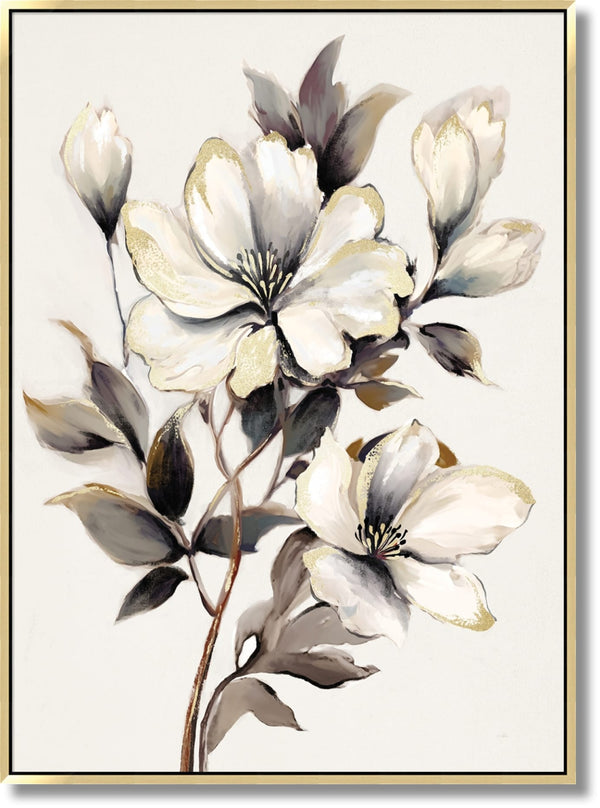 ''Gilded Whisper Floral'' Hand-painted Canvas in Frame