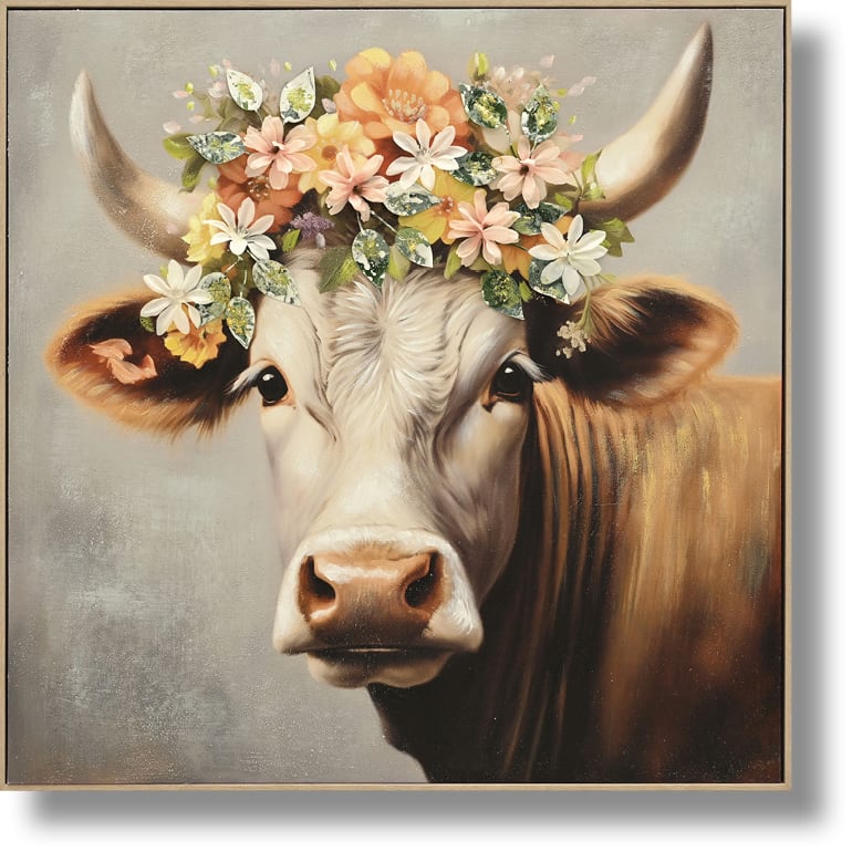 ''Blossom-Crowned Bovine Charm'' Hand-painted Canvas w/ Flowers