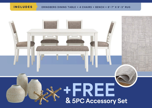 Free 5Pc Accessory Set + Hollis Rug + 6Pc Erinburg Dining Set Package