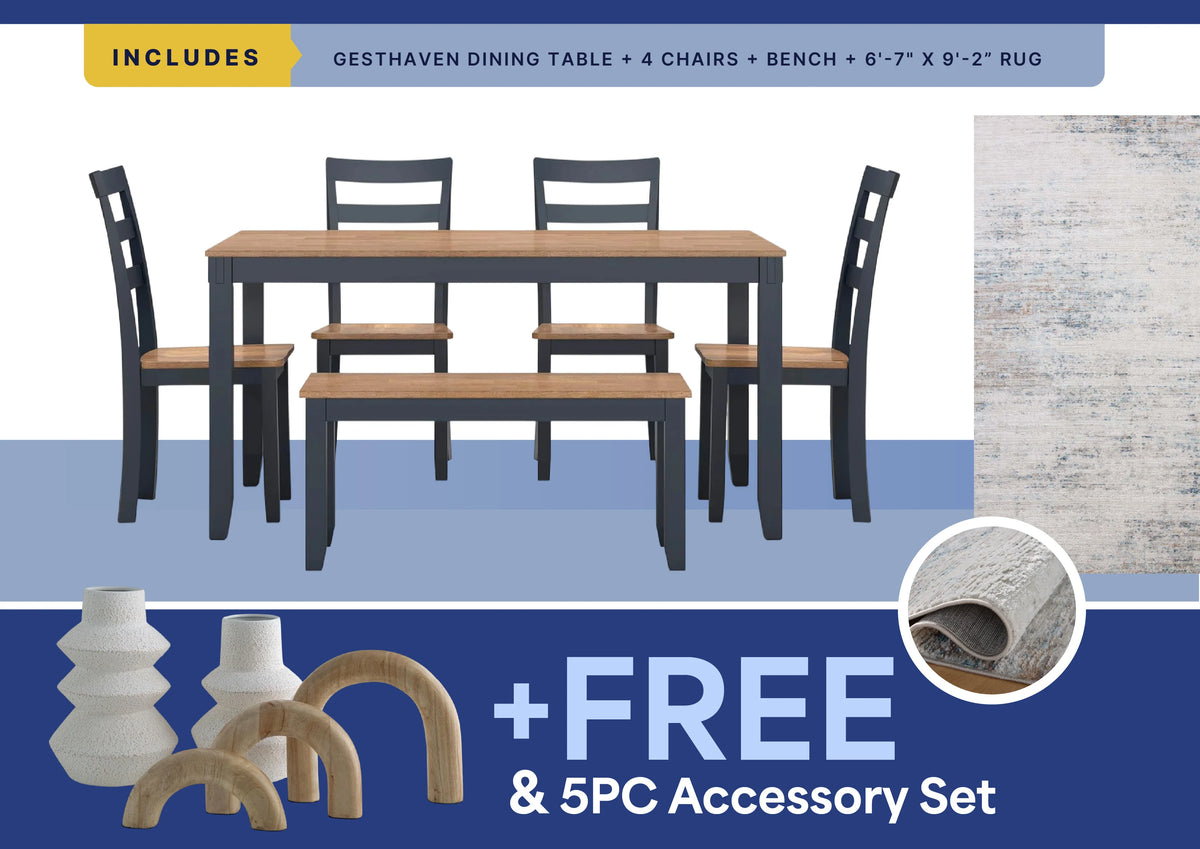 Free 5Pc Accessory Set + Townes Rug + 6Pc Gesthaven Dining Room Package