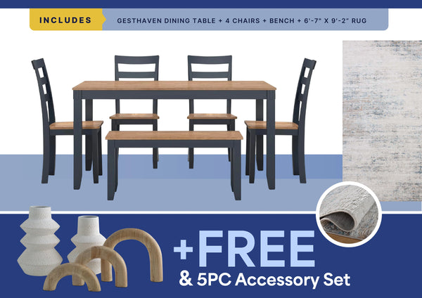 Free 5Pc Accessory Set + Townes Rug + 6Pc Gesthaven Dining Room Package