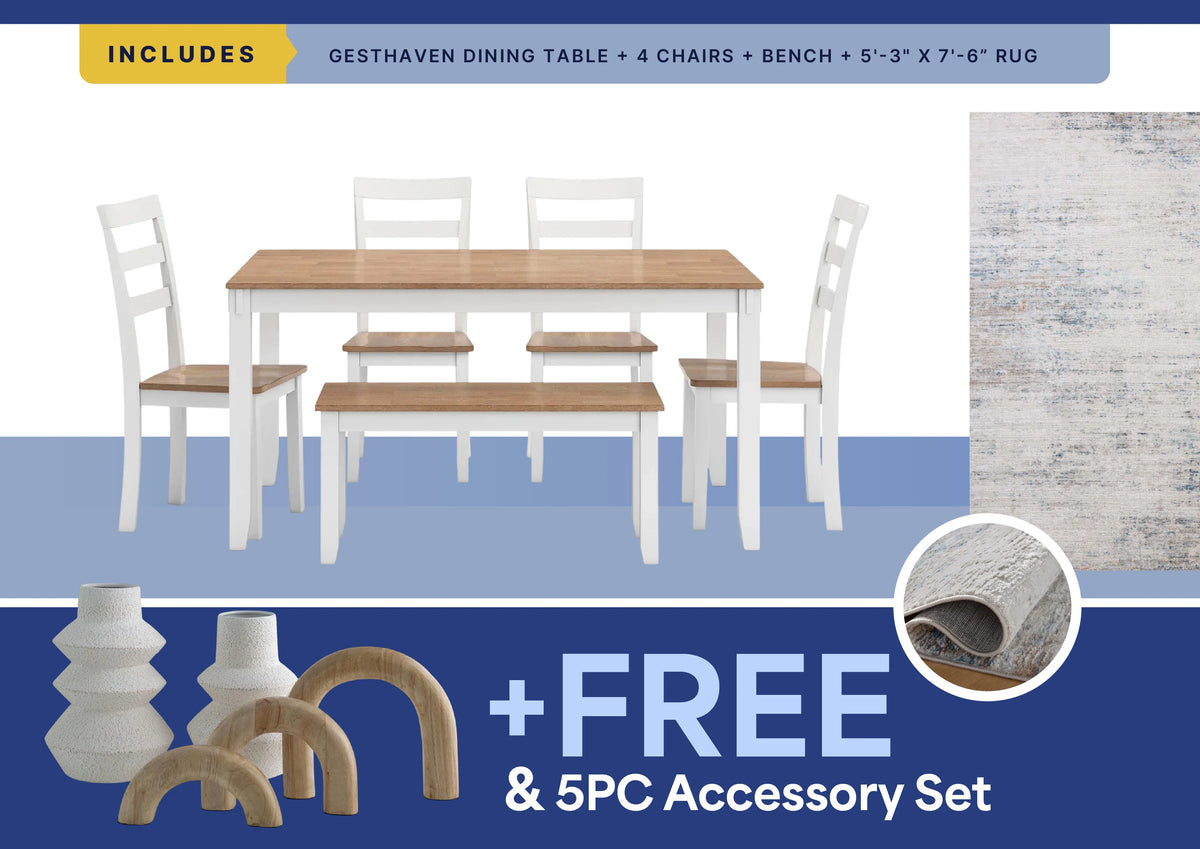 Free 5Pc Accessory Set + Townes Rug + 6Pc Gesthaven Dining Room Package