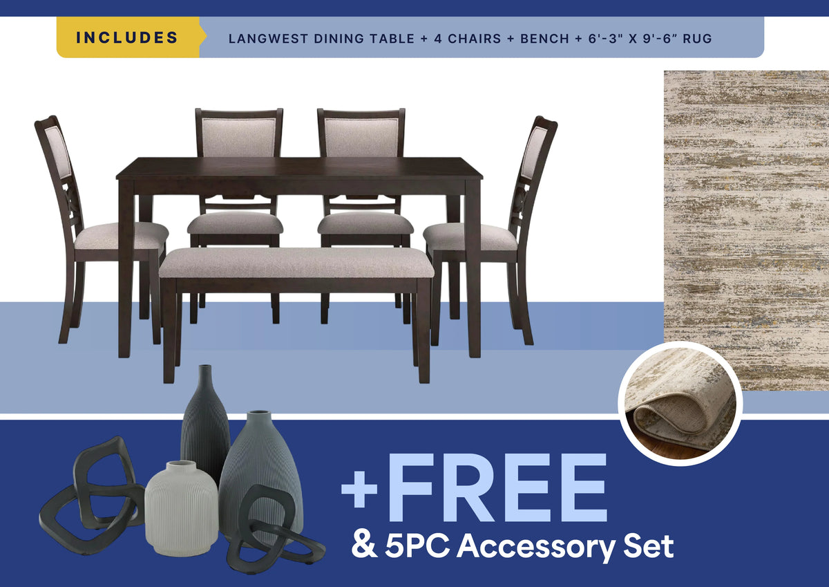 Free 5Pc Accessory Set + Nellie Rug + 6Pc Langwest Dining Set Package