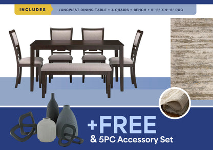 Free 5Pc Accessory Set + Nellie Rug + 6Pc Langwest Dining Set Package