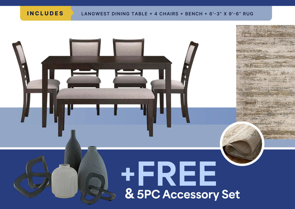 Free 5Pc Accessory Set + Nellie Rug + 6Pc Langwest Dining Set Package