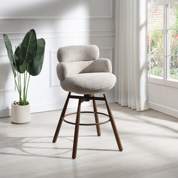 Jena Bar Chair w/Swivel - Beige Chenille & Walnut