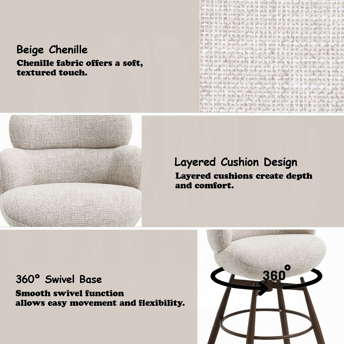 Jena Bar Chair w/Swivel - Beige Chenille & Walnut