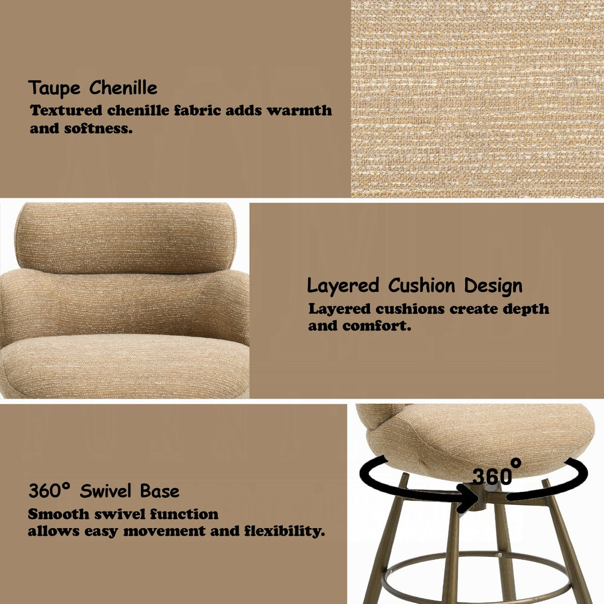Jena Bar Chair w/Swivel - Taupe Chenille & Bronze