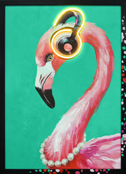 ''Musical Flamingo Neon'' Hand-painted LED in Frame