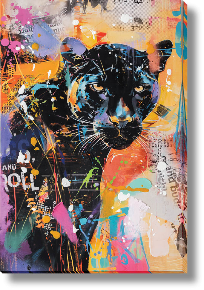 ''Electrified Urban Panther'' Hand-painted Wrapped Canvas