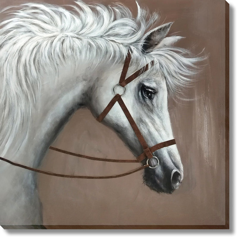 ''Majestic White Steed Portrait'' Hand-painted 3D Canvas