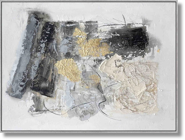 ''Gilded Monochrome Texture Abstract'' Hand-painted Canvas in Frame