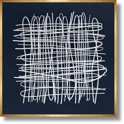 ''Golden Grid Abstract on Midnight Blue'' 3D Canvas in Frame
