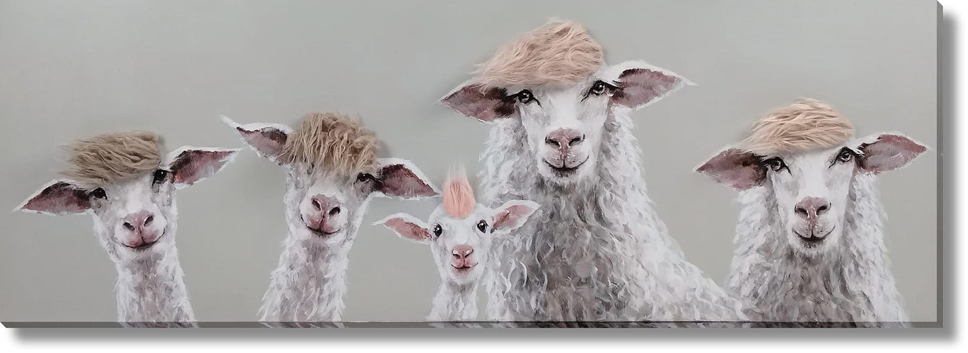 ''Sheep Salon: Eccentric Flock'' Hand-painted Canvas w/ Hair