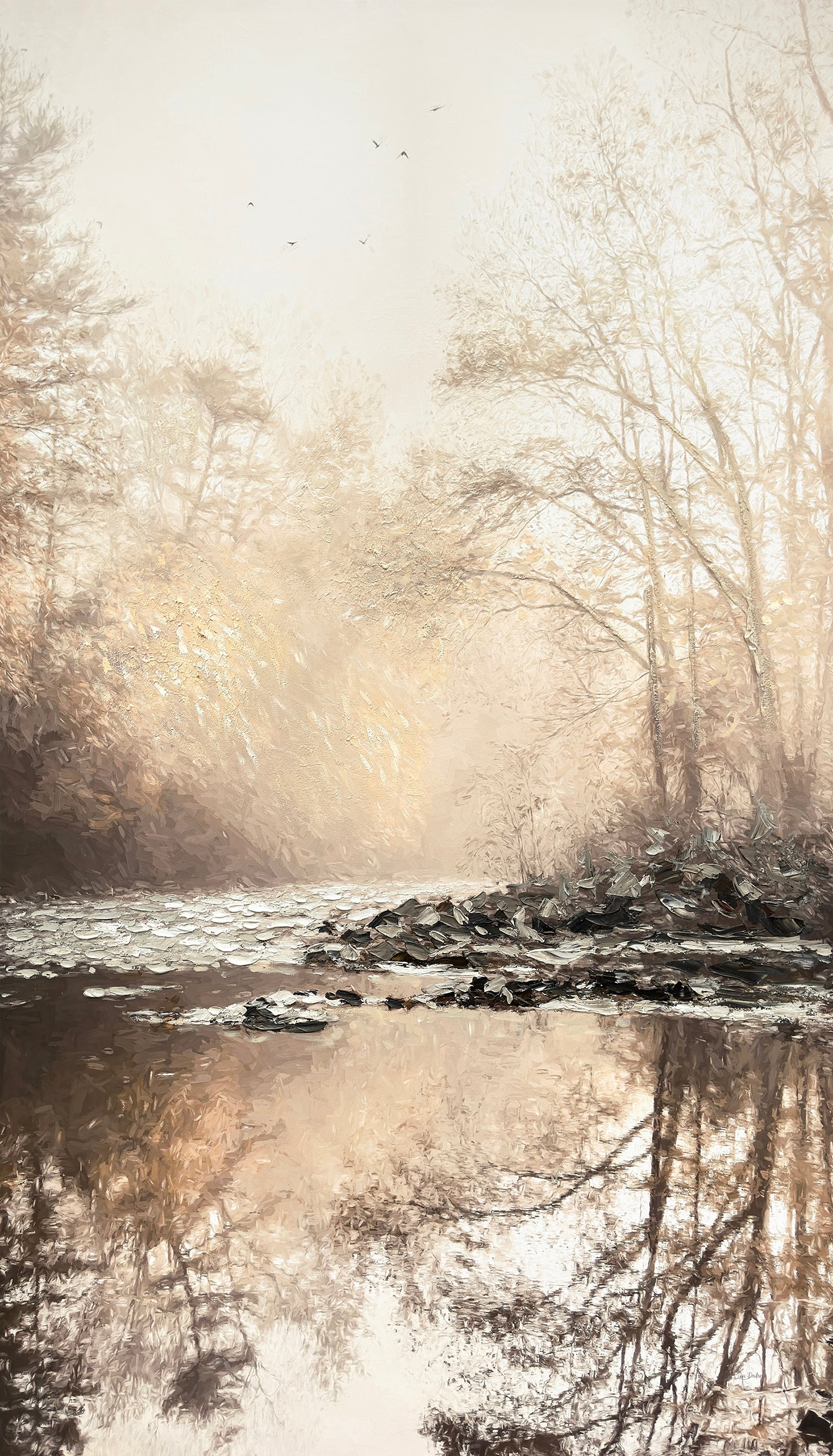''Golden Morning River Mist'' Hand-painted Wrapped Canvas