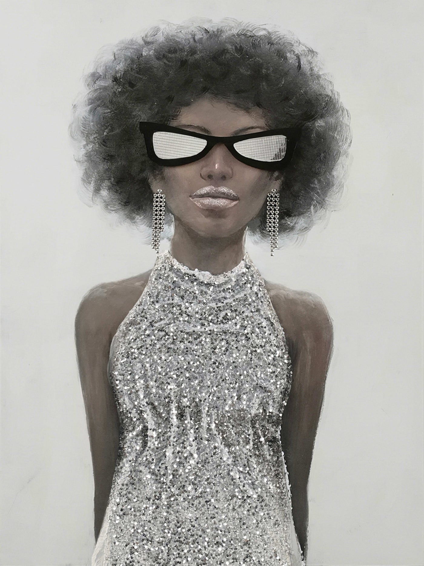 ''Elegant Woman in Silver Attire'' Hand-painted 3D in Frame