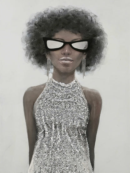 ''Elegant Woman in Silver Attire'' Hand-painted 3D in Frame