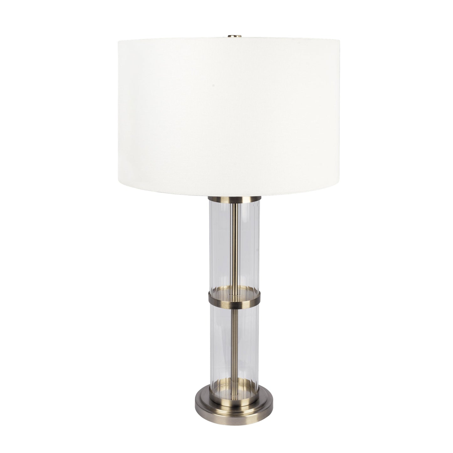 Lámpara de mesa Echo de níquel cepillado con interruptor de encendido y apagado, cuerpo de vidrio transparente y base de metal.