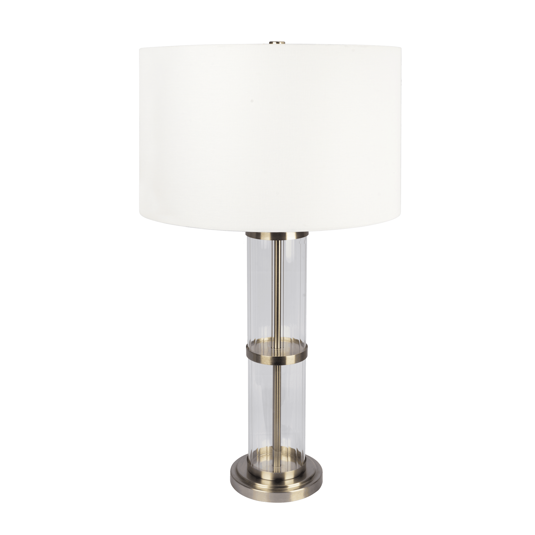 Lámpara de mesa Echo de níquel cepillado con interruptor de encendido y apagado, cuerpo de vidrio transparente y base de metal.