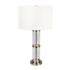 Lámpara de mesa Echo de níquel cepillado con interruptor de encendido y apagado, cuerpo de vidrio transparente y base de metal.